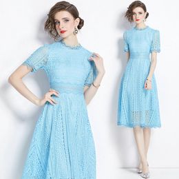 Light Luxury Women Lace Dress Summer Boutique Dress High-end Fashion Lady Water Soluble Lace Mid-length Dress Party Runway Dresses