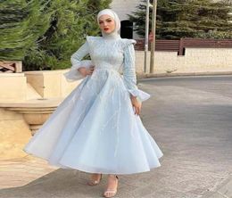 sky Blue Muslim Prom Dresses High Collar Long Sleeve Beading Arabic Dubai Evening Party Gowns Organza Formal Wear3098927