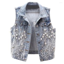 Women's Vests Spring Summer Women Pearls Beaded Flower Embroidery Washed Denim Sequined Waistcoat Sleeveless Jeans Jacket Tanks Tops