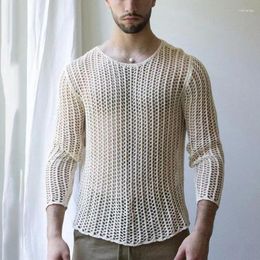 Men's T Shirts Solid Colour Mesh Knitted Hollowed-Out T-Shirt Spring And Summer Long-Sleeved Round Neck Male Top Clothing Tee