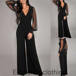 2023V neckline waistband sexy mesh splicing rivet straight tube jumpsuit