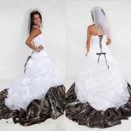 Dresses 2020 Camo Wedding Dresses Sweetheart Lace Up Ruched Ruffle Sleeveless Appliques A Line Long Satin Bridal Gowns Vestidos De Novia P