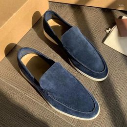 Casual Shoes Blue Nubuck Leather Slip-On Flat Loafers For Men 2024 Apricot Round Toe Sewing Thread Men's Designer