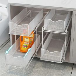 Racks Simple Bathroom PullOut Double Shelf Bathroom Countertop Under The Sink Large Capacity Grid Miscellaneous Metal Storage Shelf