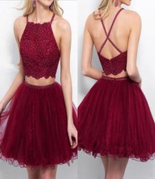 Burgundy Appliques Tulle Homecoming Dresses Beaded Piping Formal Party Gowns Two Pieces Short Prom Dresses 8th Grade Girls Cocktai7468675