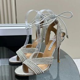 Aquazzura Ankle strap stiletto Sandals rhinestone decoration Gladiator leather outsole pumps Women's Party Evening Shoes luxury designers high heels With box 022