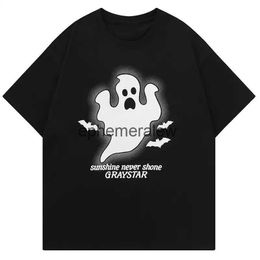 Men's T-Shirts Small Ghost Vintage Printed short sleeve T shirt Oversized Mens clothes Punk Style O-neck Unisex streetwear y2k couple Tops H240407