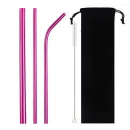 Drinking Straws 5-Pcs Metal Reusable Straw Colourful Pink Eco-Friendly Set 304 Stainless Steel With Brush Pouch Bag