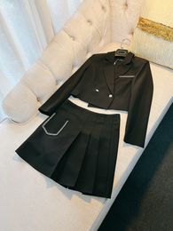 Spring Black Rhinestone Two Piece Dress Sets Long Sleeve Notched-Lapel Single-Button Blazers Top + High Waist Pocket Short Skirt Set Two Piece Suits D3N237424