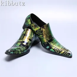 Casual Shoes Mens Green Printing Loafers Luxury Design Genuine Leather Pointed Toe Slip-On Oxford Male Footwear