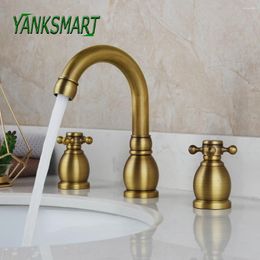 Bathroom Sink Faucets YANKSMART Style Basin Faucet Antique Brass 3 Hole Set Deck Mounted Cold And Water Vintage Mixer Tap