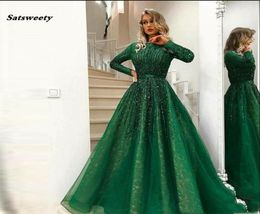 Gorgeous Green Shiny Beaded Evening Dress Long Sleeves Abiye Vintage Crystal Lace Prom Gowns Vestido Longo Abendkleider1203203