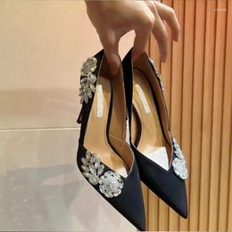 Dress Shoes Spring And Summer Pointed Shallow Mouth Water Diamond Flower Silk Face Single Thin High Heel Banquet Women's Sandals