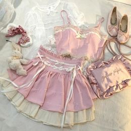 Pink Japaner Stil zweiteiliger Set Elegante Frauen süßer Taille Verband Minirock passender Anzug 2023 Kawaii Lolita Camis Tops 240401