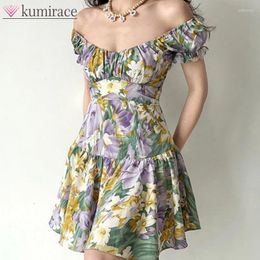 Work Dresses Women's French Retro Summer Dress Oil Painting Flower Bubble Sleeve Back Strap Skirt Big Size 2024