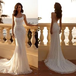Simple Mermaid Wedding Dresses Spaghetti Straps Bridal Gowns Beach Slim Sequins Custom Made Sleeveless Backless Vestidos De Novia