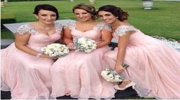 Modest Design Elegant Pink A Line Wedding Bridesmaid Dresses Cap Sleeves Lace Appliques Beaded Chiffon Floor Length Junior Bridesm7815146