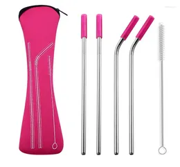 Drinking Straws 200 Sets 4pcs/set Reusable Stainless Steel With Silicone Tips Clean Brush & Cloth Bag Wedding Party Straw