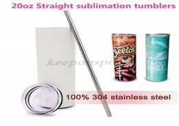 100 304 Stainless Steel Water Bottles 20oz Straight Sublimation Tumblers With Lid Straw Coffee Tea Mugs Insulted Drinkware3913018