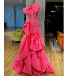 Pink Prom Dresses With Big Bow Straplss Rufflus Pleats Ruched Mermaid Evening Gowns abiti da cerimonia Party Dress Cheap6795240