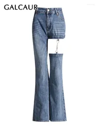 Women's Jeans GALCAUR Solid Asymmetrical Denim Pants For Women High Waist Patchwork Chain Vintage Slimming Cut Out Flare Trousers Female