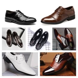 Top Designer Luxury Multi style leather men's black casual shoes, large-sized business dress pointed tie up wedding shoe