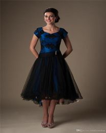 Royal Blue Black High Low Modest Cocktail Dresses Short With Cap Sleeves Beaded Appliques Lace Appliques Short Front Long Back Pro6810437