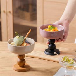 Bowls French Vintage Dessert Ice Cream Ceramic Goblet Creative Wooden Handle Stitching Bowl Household Solid Colour Pudding Cup
