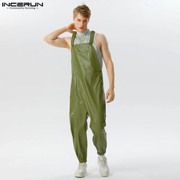 2023 Men Jumpsuits Faux Leather Solid Sleeveless Streetwear Suspender Rompers Pockets Loose Fashion Casual Male Overalls INCERUN 240401