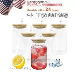 Stanleiness US CA STOCK 16OZ Sublimation Glass Beer Mugs with Bamboo Lid Straw Tumblers DIY Blanks Frosted Clear Can Cups Heat Transfer Cocktail Cups Tumbler 10 F4EE