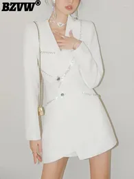 Women's Suits BZVW White Diamond Studded Waist Retraction Mid Length Suit Jacket 2024 Autumn Trend Fashion Blazer 25X2868