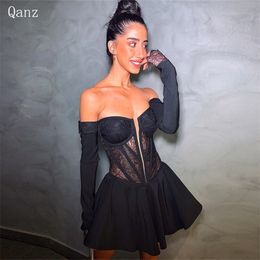 Eleganti abiti da sera corti Black Abendkleider abiti da ballo in pizzo senza spalline Vestidos de Boda Para Fiestas 240320