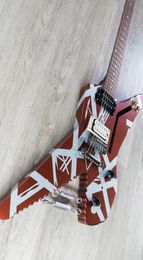 Edward Van Halen Striped Series Satin Urethane Burgundy Silver Stripes Electric Guitar Chrome Eye Hooks w Turnbuckles Brai7395735