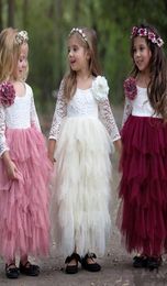 Summer 2020 Jewel Neck Bohemian Lace Tutu Flower Girl Dresses Sheer Long Sleeves Short Kids Birthday Communion Dress Beach Boho Pa3191522