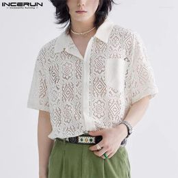 Men's Casual Shirts INCERUN Shirt Lace Transparent Lapel Short Sleeve Sexy Fashion Men Clothing Streetwear 2024 Korean S-5XL