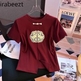 Women's T Shirts Chinese Style Short-sleeved Shirt Summer 2024 Design Sense Slit Waist Top High Strecth Women Clothes Blouse