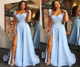 Sequin Cap Sleeves Open Back Light Sky Blue Formal Prom Dresses 2019 Sexy Side Slit Appliques Evening Gowns Cheap Bridesmaid Dress5442772