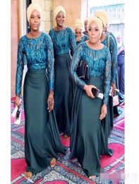 African Peacock Hunter Green Bridesmaid Dresses Sequins Long Sleeves Scoop Neck Satin Mermaid Sheer Illusion Maid of Honor Gown Pl2782793