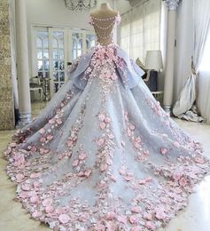 Charming Colourful Wedding Dresses Ball Gown 3DFloral Appliques Flower Vintage Bling Backless Long Court Train Princess Bridal Gow5240304