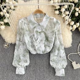 Women's Blouses Chic Puff Long Sleeve Lapel Asymmetric Print Elegant French Vintage Fashion Sexy Loose Shirt Spring Summer Women Casual