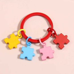 Keychains Lanyards Cute Enamel Keychain Colourful Jigsaw Puzzle Key Ring Funny Chains For Women Men Handbag Pendant Accessorie DIY Jewellery Gifts Q240403
