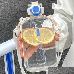 Water Bottles Flat Square Transparent Bottle Portable Travel Canteen With Adjustable Strap Elegant Slim For Sport Cam 2023 Drop Deliv Dhm6H