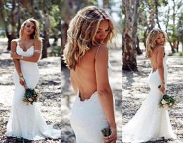 2019 Backless Wedding Dresses Mermaid Spaghetti Strap Sexy Full Lace Wedding Dress Cheap Sweep Low Back Boho White Bridal Dress DT2696496