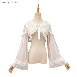 Women's Blouses Cropped Ruffle Lace Shirt Long Sleeves Spring Summer Women Lolita Tops Wrap Tied Corss Chiffon Sweet For Girls