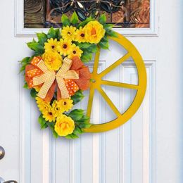 Decorative Flowers Festive Atmosphere Wreath Rustic Round Artificial With Spring Yellow Flower Decor Dot Plaid Bowknot Front Door For A