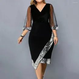 Party Dresses Slim Fit Women Dress Elegant Sequin Mesh Midi With Three Quarter Sleeves V Neckline Irregular Hem For Summer Parties Proms