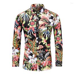 Men's Casual Shirts Fashion Flower Shirt Men Autumn Hawaii Printed Plus Size Long Sleeve Leisure Vacation Mens Beach Nightclub 7XL