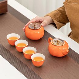 Teaware Sets Chinese Persimmon Ceramic Tea Set Teacup Teapot Caddy Portable Outdoor Company Meeting Accompanying Gift