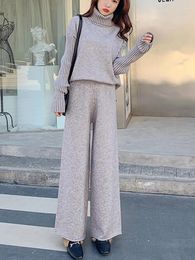 Women's Two Piece Pants Two-piece Sweater Set For Women 2024 Autumn And Winter High Neck Loose Thick Knit Lazy Fashion Wide-leg Trouser Suit