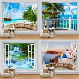 Tapestries Imitation Window Landscape Tapestry Wall Hanging Beach Tropical Tree Art Home Decoration Ceiling Cloth Carpet